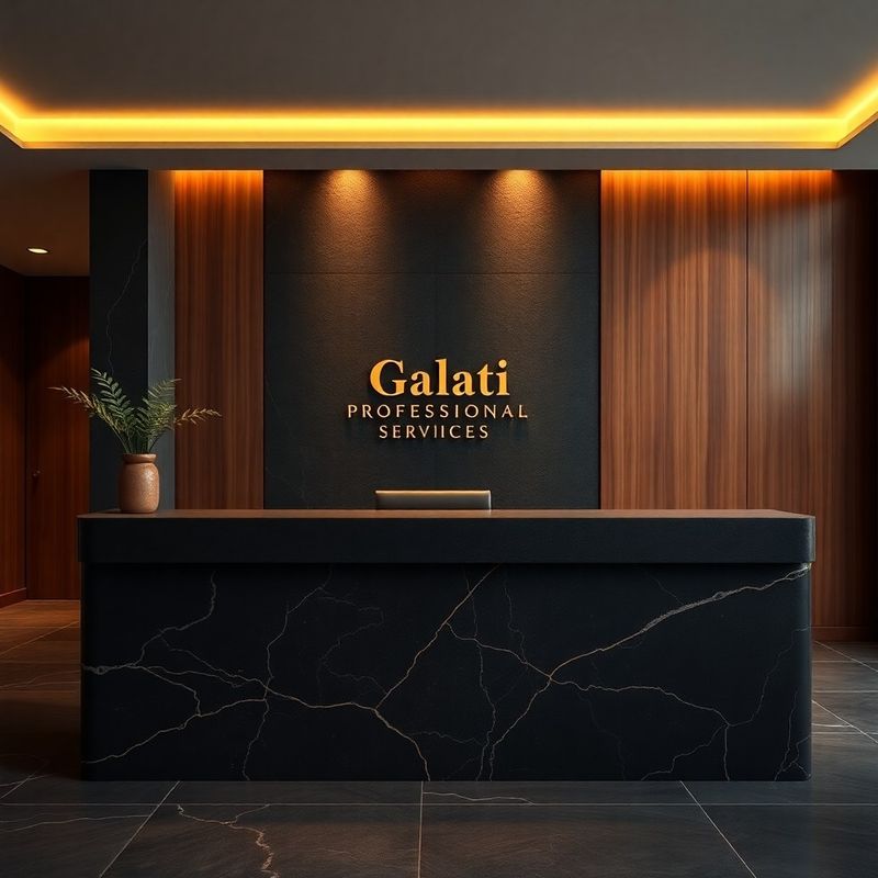 Recepție a cabinetului BusinessZenith Galați cu suprafață de piatră închisă și semnătură aurie