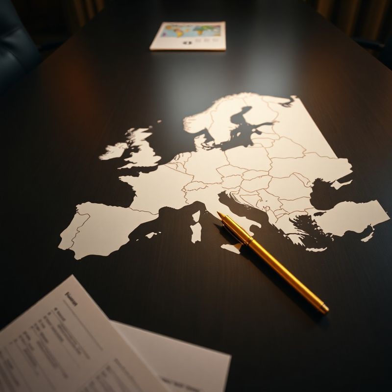 Hartă UE peste documente financiare pe o masă de consiliu, cu stilou auriu și lumină caldă