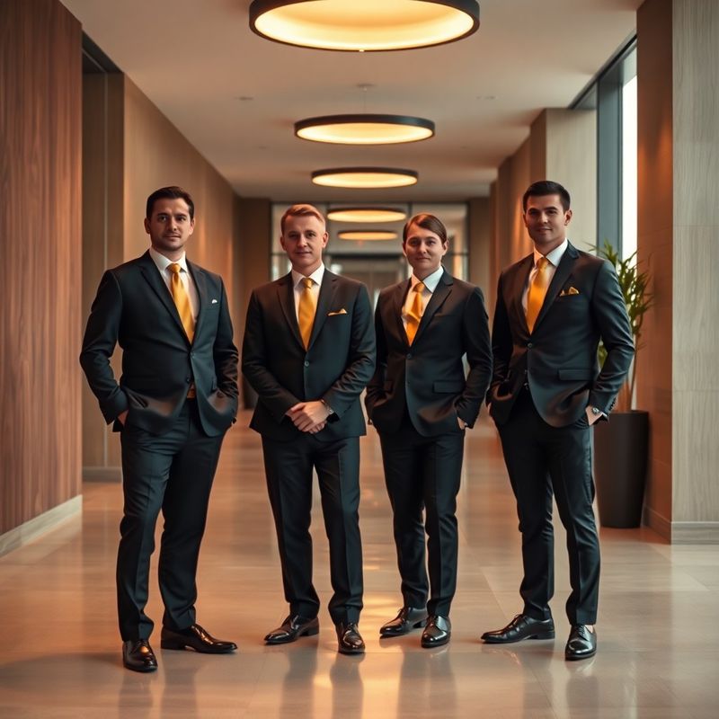 Echipa BusinessZenith: trei consultanți fiscali în costume închise cu accente aurii, în holul biroului din Galați